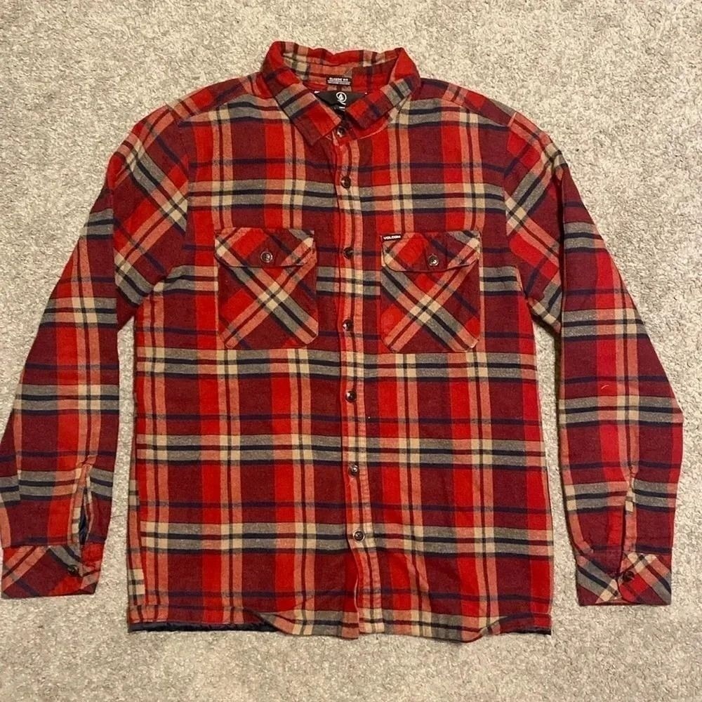 Volcom Mens Red Plaid Quilted Lined Flannel Shirt Jacket Classic Fit A0541905 S